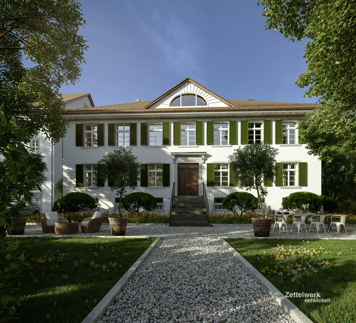 Man sieht eine Visualisierung der Fassade einer alten Fabrikantenvilla, die saniert worden ist.